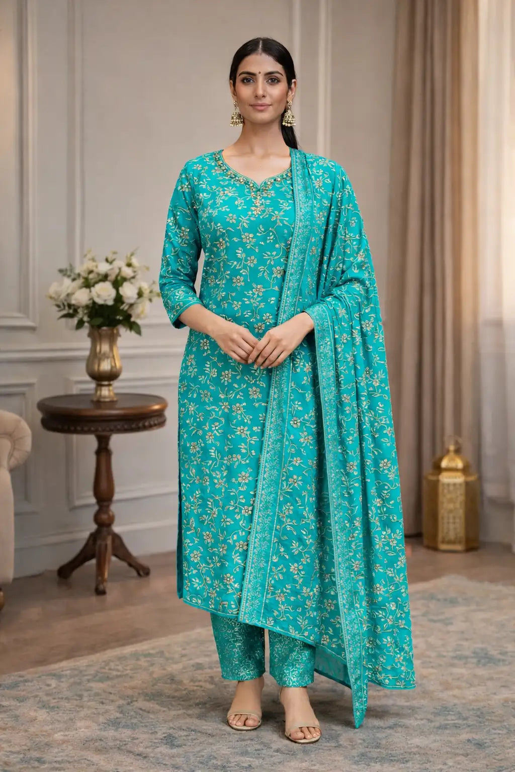 Turquoise Blue Cotton Floral Printed Kurta Set with Dupatta